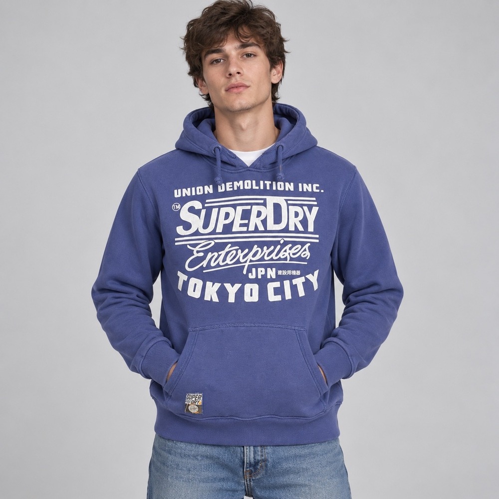 Superdry Hoodie Mens Small Blue Tokyo City Union Demolition Pullover Sweatshirt